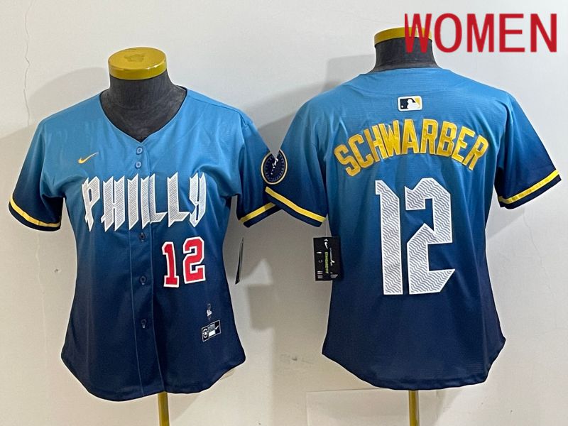 Women Philadelphia Phillies #12 Schwarber Blue City Edition Nike 2024 MLB Jersey style 2->women mlb jersey->Women Jersey